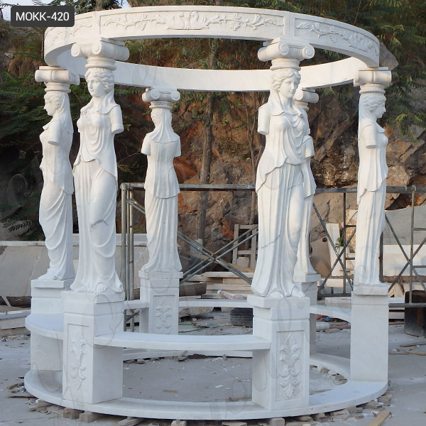 Round White Marble Gazebo with Metal Roof and Columns