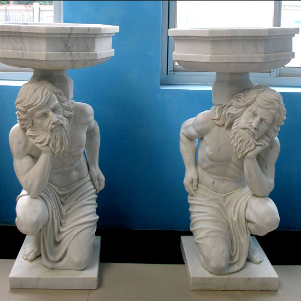 No. TMP-05 Large white marble planter pots with man statues a pair for home garden ornaments