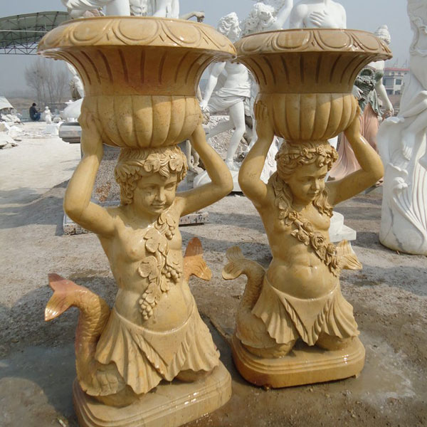 No. TMP-010 outdoor decorated marble stone flower pots with mermaid statues price