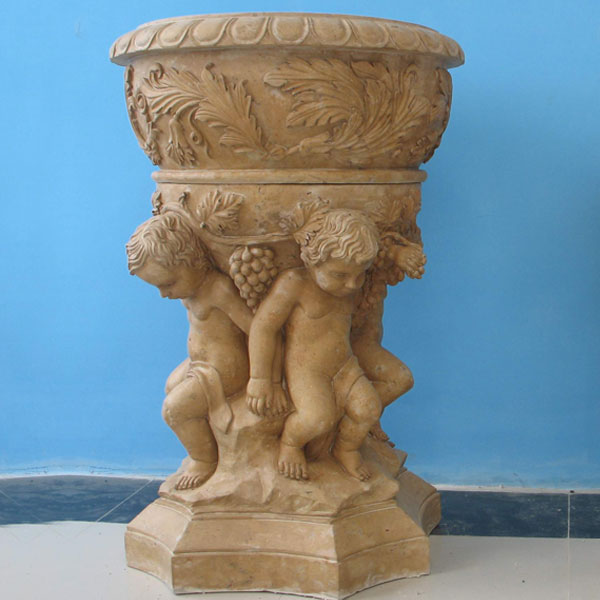 NO. TMP-09 Outdoor garden decor beige marble flower urns pot with angel statues for sale