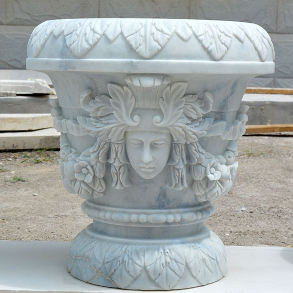 No. TMP-016 Outdoor garden white marble flower planter pots with woman face decor for sale