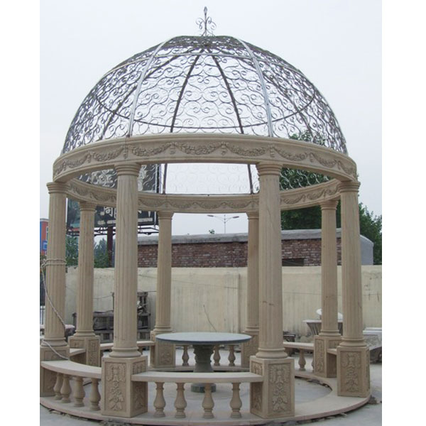 TMG-03 Antique marble round pavilion with iron roof for backyard outdoor decor