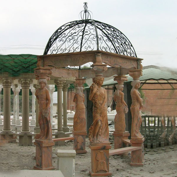 No. TMG-06 outdoor patio sunset red marble gazebo with stone woman pillars for sale